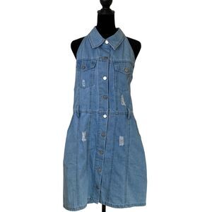 NWT Andree‎ by Unit Womens Halter Button Up Denim Dress M Light Wash Distressed